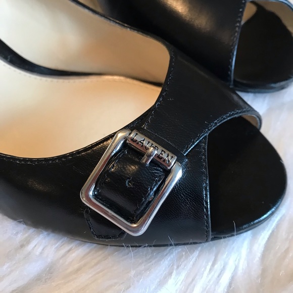 Lauren Ralph Lauren black open toe leather heels 9 - Picture 3 of 16